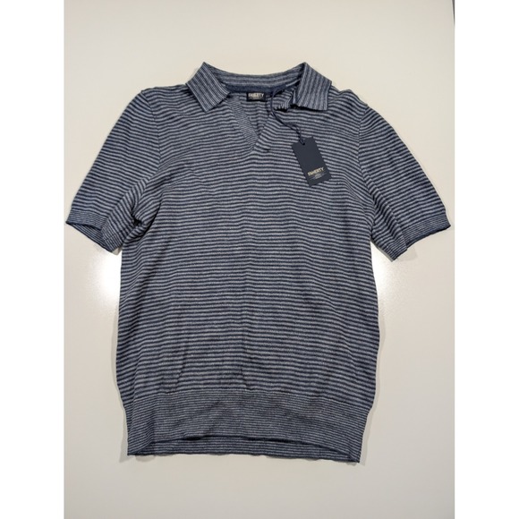 Faherty Reserve Mens SS Linen Sweater Polo Cayman Navy Stripe MYS2513 M New - Picture 2 of 8
